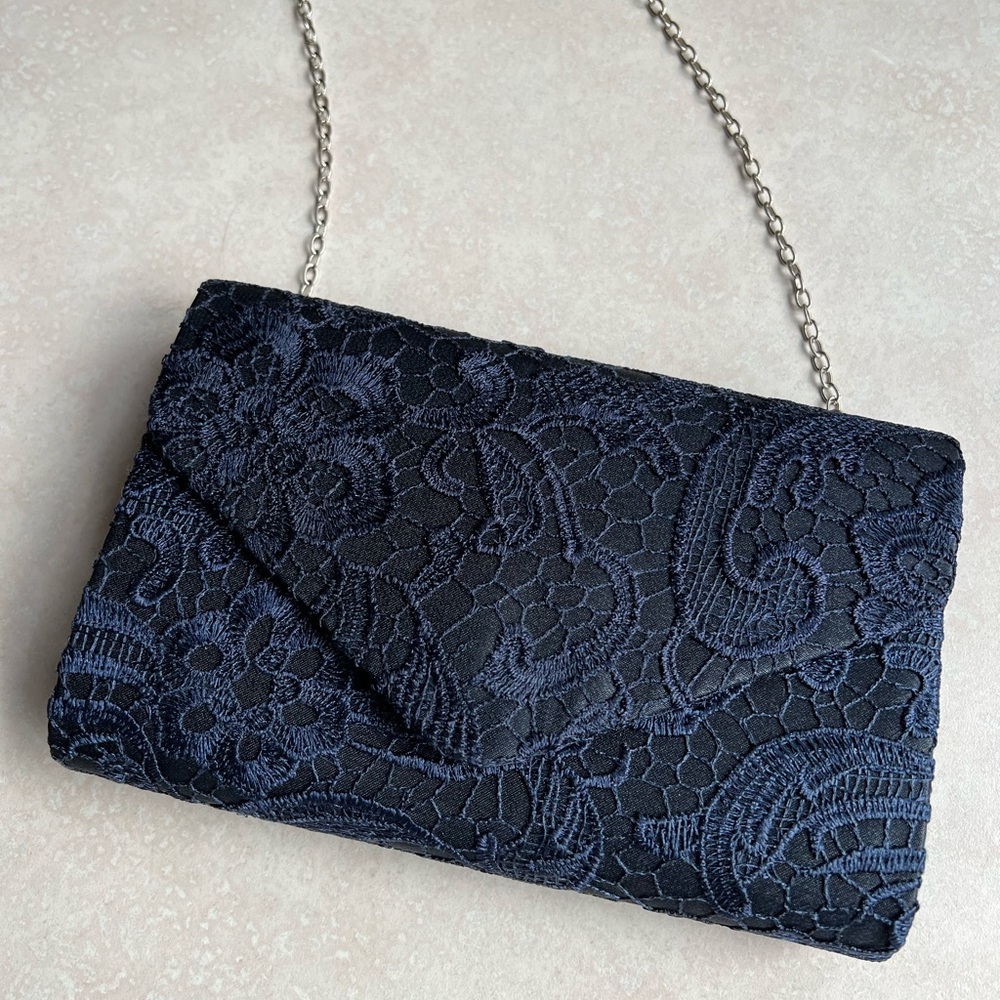 Navy clutch with silver chain strap